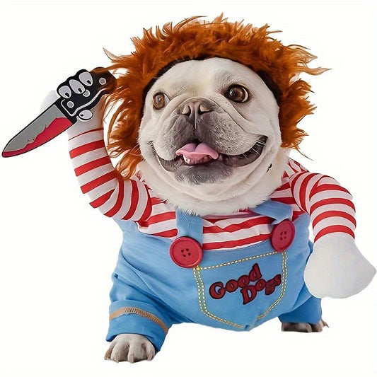 1pc Funny Bloody Doll Halloween Transformed Pet Apparel With Knife And Wig For Holiday Party Pet Supplies