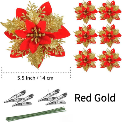 12pcs Golden Glitter Poinsettia Flowers - Faux Christmas Decor for Tree, Wedding & New Year Ornaments