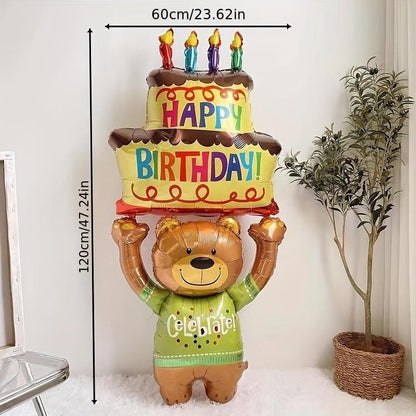 1pc 48 Inch Bear Holding Cake Shaped Aluminum Foil Balloon, Birthday Party Decoration, Christmas, Halloween, Thanksgiving Day Gift, Valentine's Day Gift