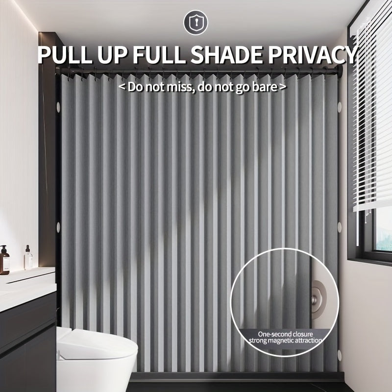 1PC Foldable Magnetic Gray Privacy Bathroom Divider, Waterproof High-Temperature Folded Plaid, Metal Eyelets with Black Hooks, Ripplefold Polyester Screen, All-season Machine Washable, Water-resistant Plain Weave Fabric with Hook Accessory