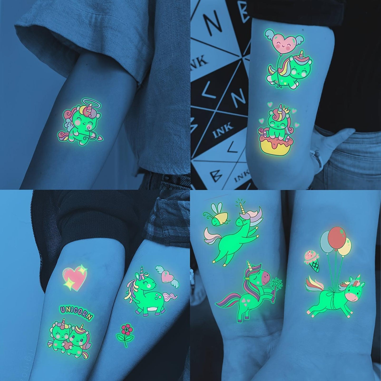 15 Sheets of Vibrant Unicorn Glow-in-the-Dark Temporary Tattoos - Waterproof, Luminous, and Reusable Fun Stickers for Boys and Girls - Perfect Birthday Gifts, Party Decorations, and Nighttime Fun