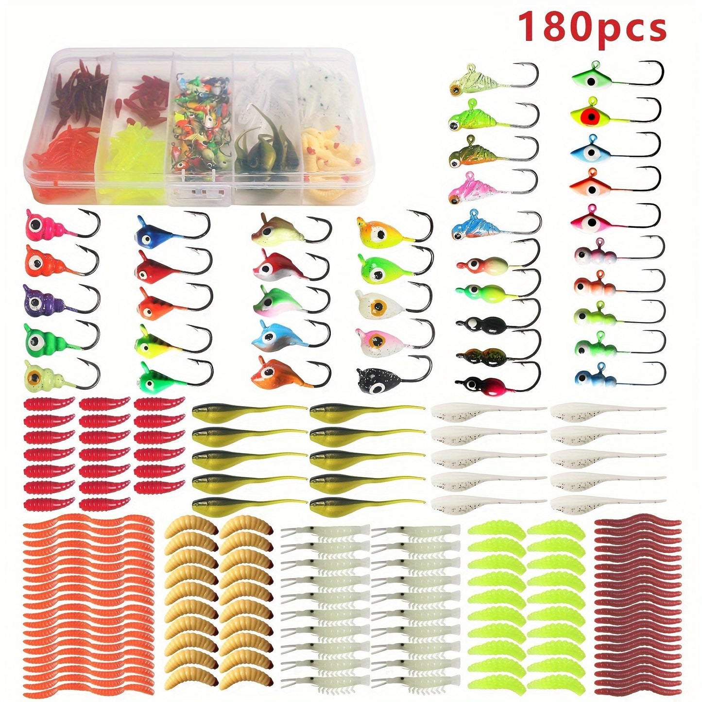 160/180/190pcs Fishing Lure Set, Ice Fishing Hook, Lead Head Hook, Sinking Lure, Soft Bait, Bionic Earth Worm, Fishing Accessories wacky worm