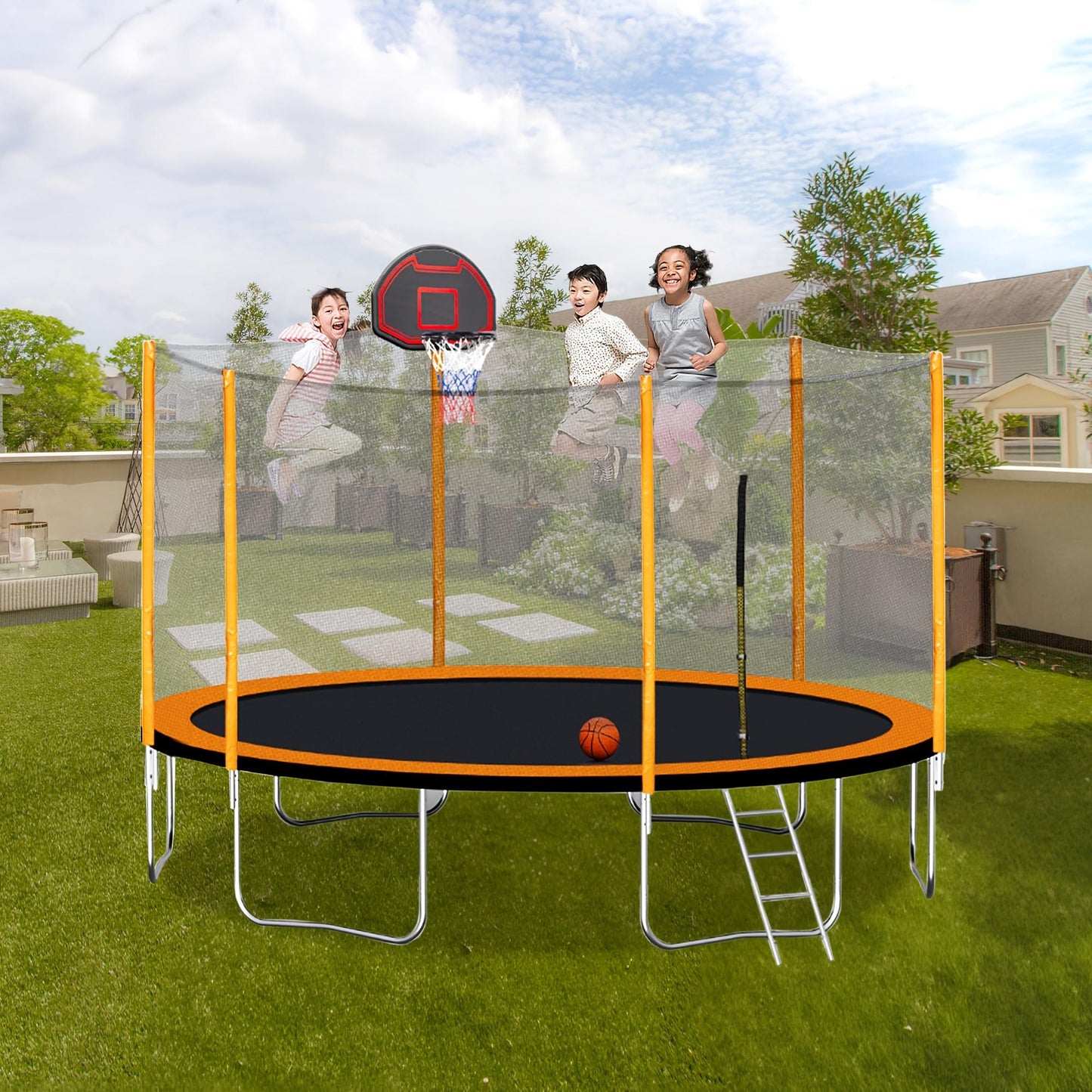 14ft Outdoor Trampoline for Kids and Adults with Safety Enclosure Net and basketball hoop, Orange