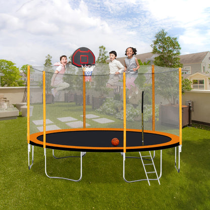 14ft Outdoor Trampoline for Kids and Adults with Safety Enclosure Net and basketball hoop, Orange