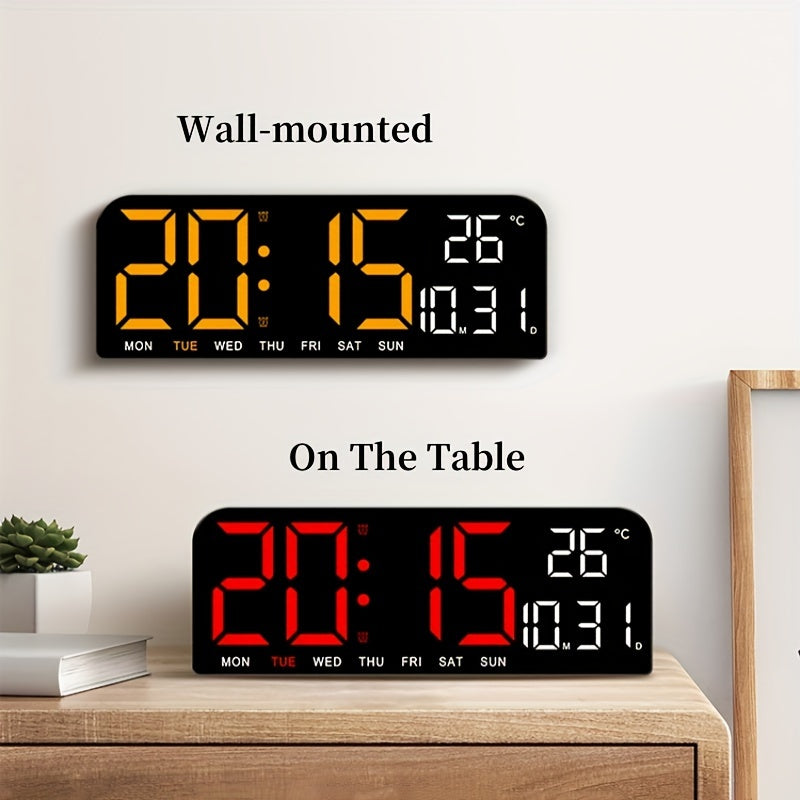 1pc 9 Inch Large Digital Wall Clock with Auto Dimmable 4 Levels Manual Brightness Adjustment, Temperature, Date, Week, Timing Countdown, 2 Alarm, 12/24H LED Display for Home Room Living Room Office Decor (No Battery)