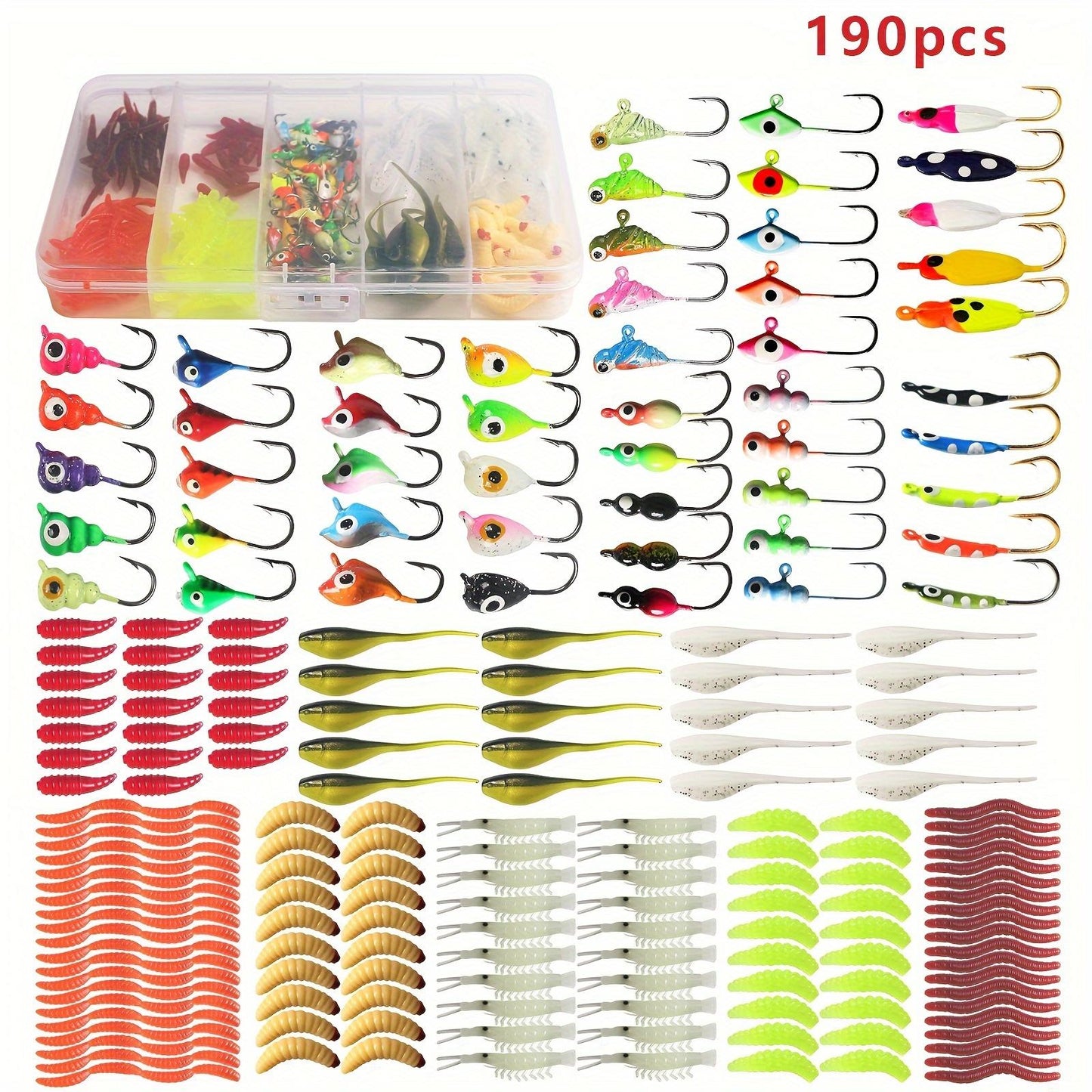 160/180/190pcs Fishing Lure Set, Ice Fishing Hook, Lead Head Hook, Sinking Lure, Soft Bait, Bionic Earth Worm, Fishing Accessories wacky worm