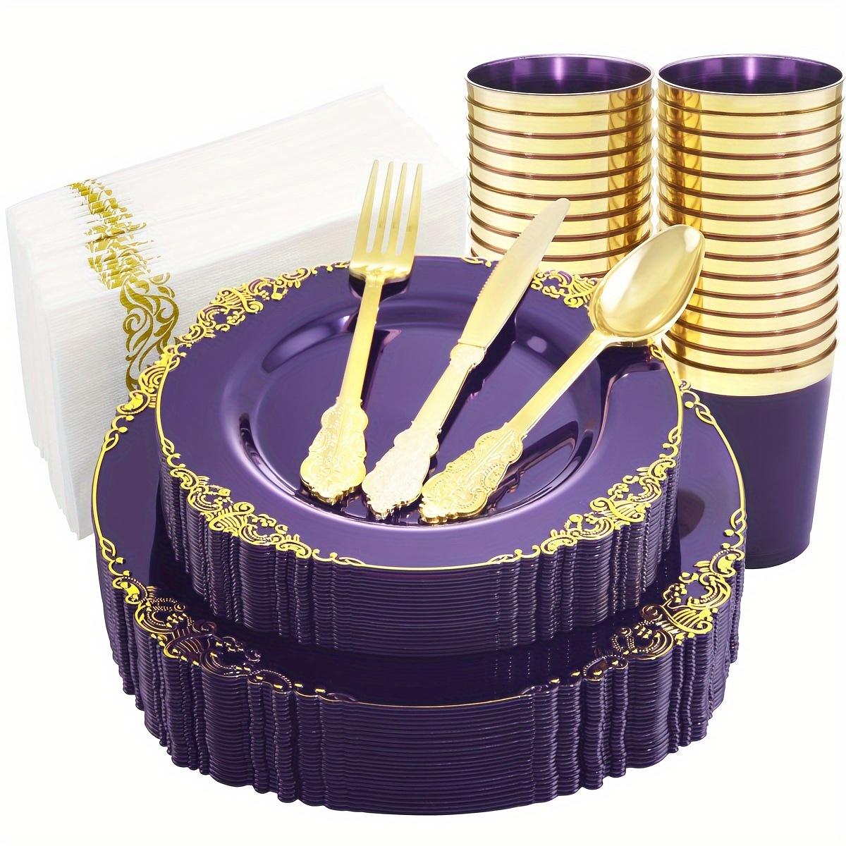 175PCS Purple/Blue/Clear Golden Plastic Plates For 25 Guests Include 25Dinner & 25Dessert Plates, 25Cups, 25Forks, 25Knives, 25Spoons, 25Napkins For Wedding&Party glass rose bottle christmas 2024 ornament glass cleaner