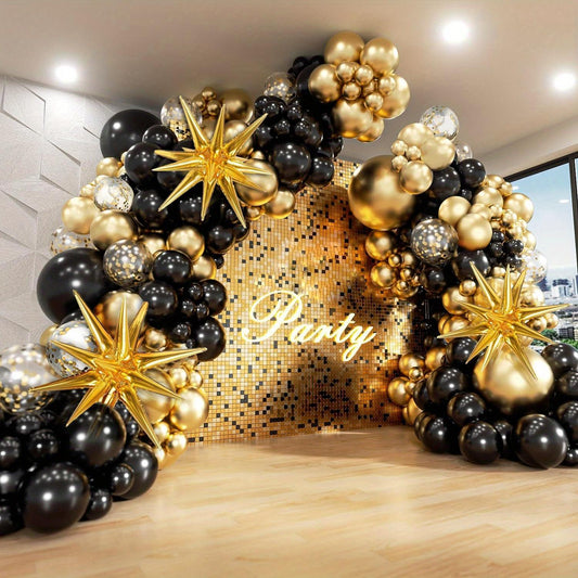 121pcs Black and Golden Balloons Garland Arch Kit with Starburst Foil Balloons, Latex Party Balloons for Wedding, Engagement, Anniversary, New Year Celebrations, No Power Required