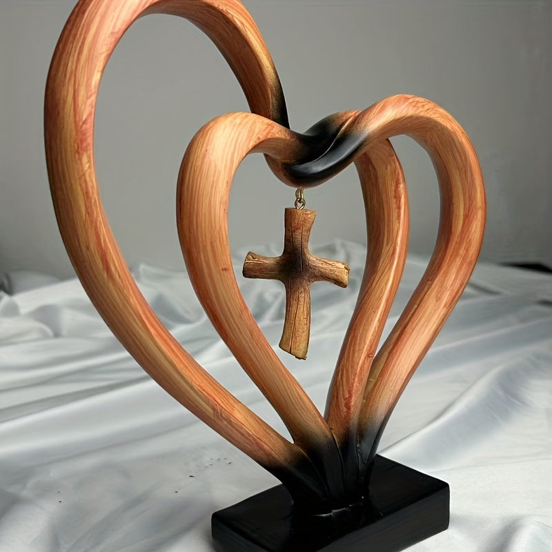 1pc Entwined Hearts Cross Sculpture, Resin Love And Faith Decor, Modern Minimalist Religious Tabletop Accent For Home Or Office Desk Decoration