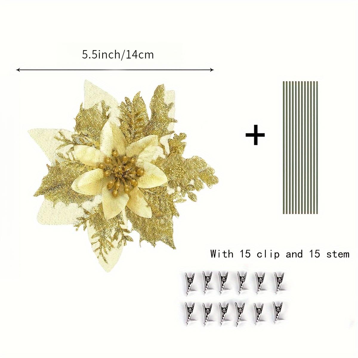 12pcs Golden Glitter Poinsettia Flowers - Faux Christmas Decor for Tree, Wedding & New Year Ornaments