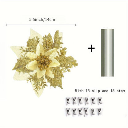 12pcs Golden Glitter Poinsettia Flowers - Faux Christmas Decor for Tree, Wedding & New Year Ornaments