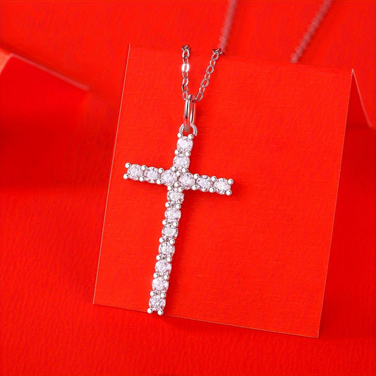 1pc 0.8 Carat S925 Sterling Silvery Cross Pendant Necklace, Moissanite Crucifix, Elegant Jewelry for Men and Women, Ideal Gift with Chain and Gift Box