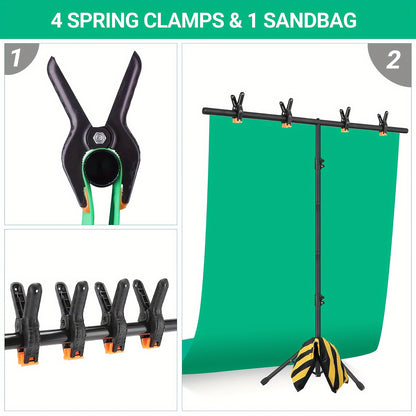 1pc - Green Screen Background Kit with Stand, 8x5.2ft Portable Green Screen Background Stand, T-Shape Background Stand Kit, for Streaming Video and Photography, Comes with 6 Spring Clips, Sandbags, Party, Photography and Video Studio Handbag