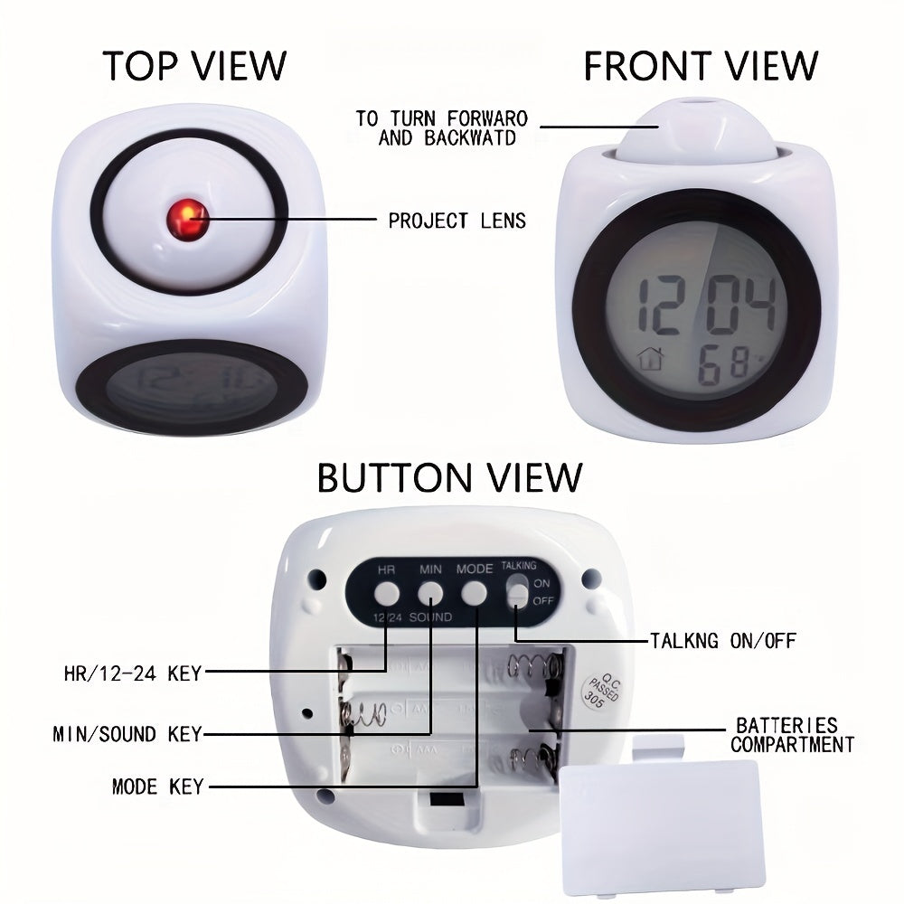 1pc Innovative LCD Projection Desk Clock - Talking Voice Prompt, Digital Alarm, Thermometer, Snooze Function, LED Display, Time Display, Compact Design - Battery Not Included