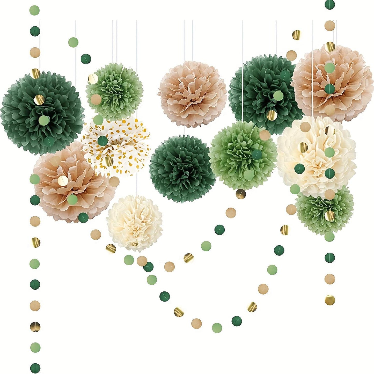 15pcs, Green Tissue Paper Pom Poms Wedding Party Decorations Kit Dots Paper Garland String Hanging Backdrop For Engagement, Rustic Wedding, Neutral Baby Shower