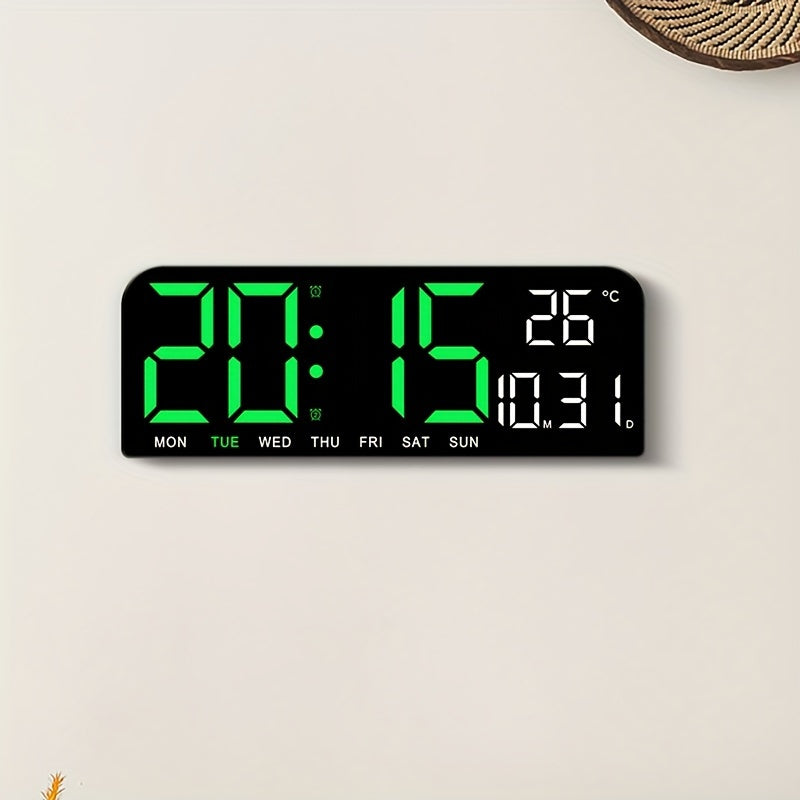 1pc 9 Inch Large Digital Wall Clock with Auto Dimmable 4 Levels Manual Brightness Adjustment, Temperature, Date, Week, Timing Countdown, 2 Alarm, 12/24H LED Display for Home Room Living Room Office Decor (No Battery)