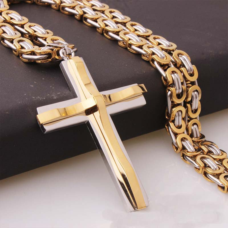 1 Pc Men's Stainless Steel Black Golden Silvery Cross Pendant Necklace - Boys Jewelry with Lord's Prayer Engraving, Heavy Twist Chain and Durable Construction for a Stylish Accessory