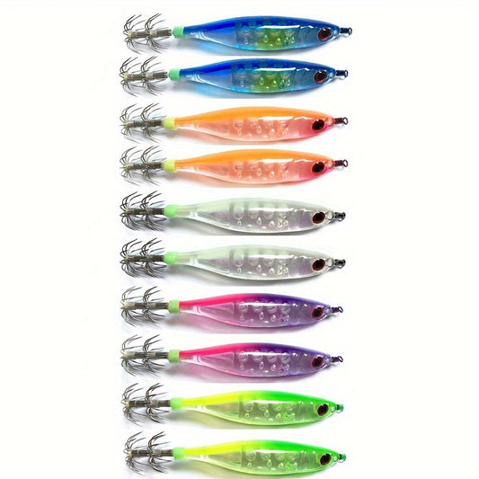 10pcs Glow-in-the-Dark Squid Jig Hooks for Night Fishing - Durable ABS Material