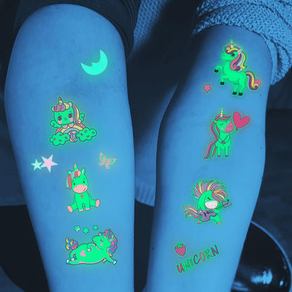 15 Sheets of Vibrant Unicorn Glow-in-the-Dark Temporary Tattoos - Waterproof, Luminous, and Reusable Fun Stickers for Boys and Girls - Perfect Birthday Gifts, Party Decorations, and Nighttime Fun