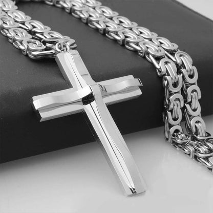 1 Pc Men's Stainless Steel Black Golden Silvery Cross Pendant Necklace - Boys Jewelry with Lord's Prayer Engraving, Heavy Twist Chain and Durable Construction for a Stylish Accessory