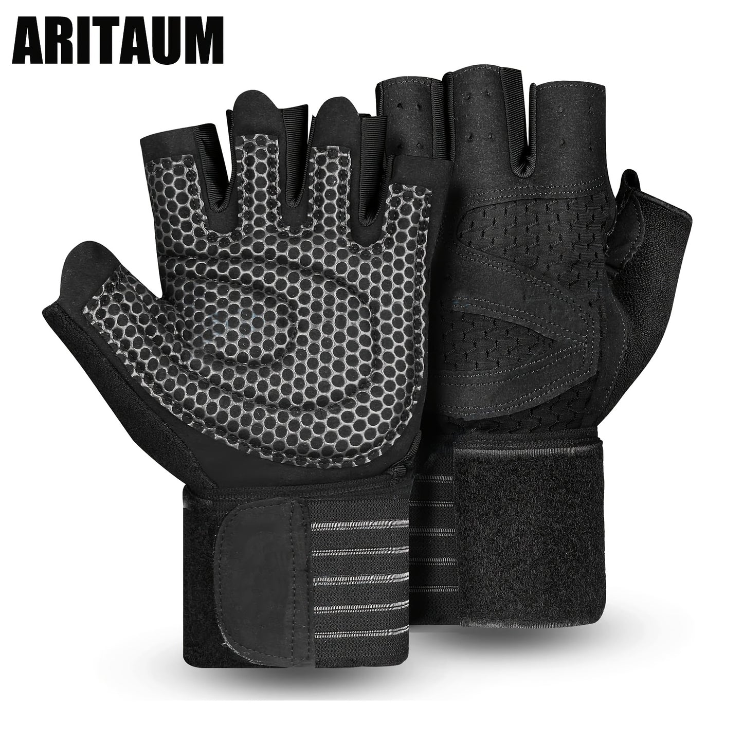 1 Pair ARITAUM Half Finger Sports Gloves, Super Fiber Skin Knit Fabric, Hook-and-Loop Closure, Hand Washable, for Men and Women Cycling, Fitness, Weightlifting - Black