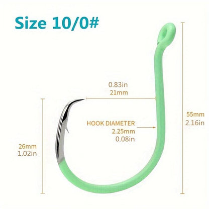 10pcs Green Luminous Circle Hook Eagle Mouth Hook - 10 Sizes High Carbon Steel - For Night Fishing Catfish & Other Fish - Suitable for Sea Fishing - Ideal Gift for Anglers