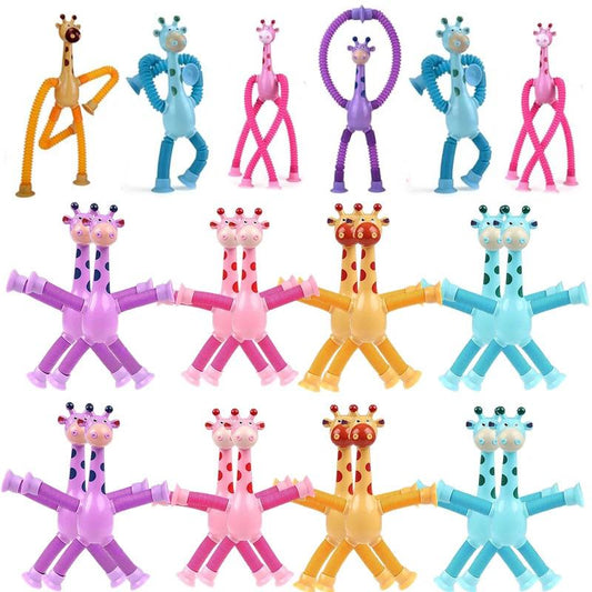 12PCS Children Suction Cup Toys Pop Tubes Stress Relief Squeeze Toy Telescopic Giraffe Hand Toy Sensory Bellows Toys Kids Gift