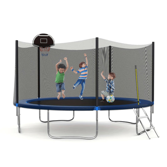 14FT Trampolines with Enclosure Net, Outdoor Trampolines for Kids with Basketball Hoop, Round Trampoline for Children and Adults with Ladder