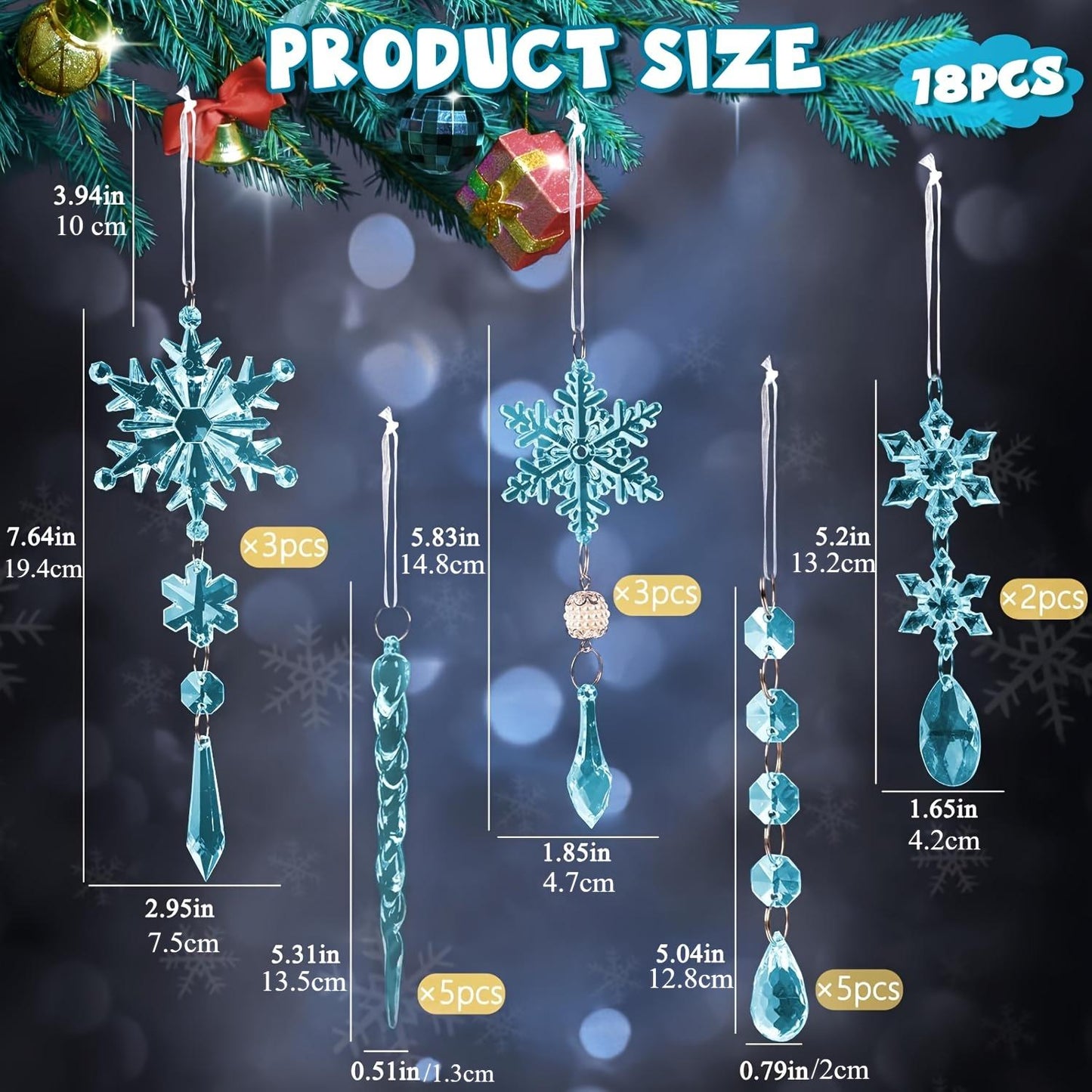 18-Piece Acrylic Snowflake & Ice Column Set with Crystal Pendants, Shiny Light Blue Festive Ornaments, No Power Needed, for Christmas, New Year, Seasonal Celebrations, Hanging Tree Decorations mantle  garland