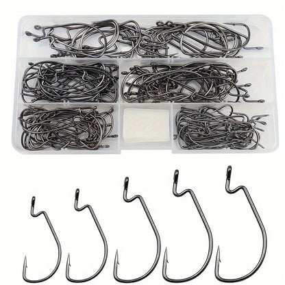 125pcs/box Bass Worm Hooks Offset Fishing Hooks 125pcs Wide Gap Bass Hook for Plastic Worms Bait Jig Fish Hooks