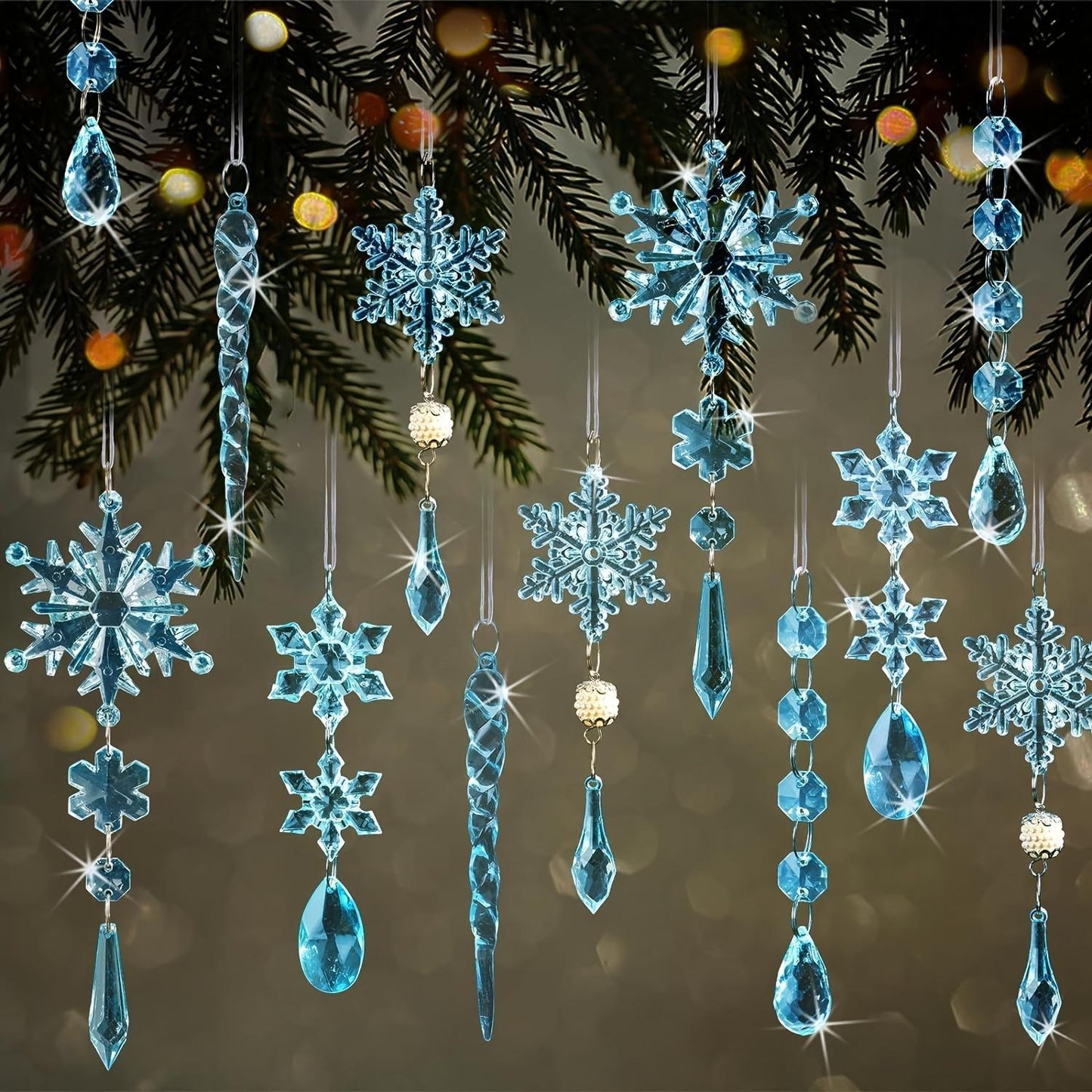 18-Piece Acrylic Snowflake & Ice Column Set with Crystal Pendants, Shiny Light Blue Festive Ornaments, No Power Needed, for Christmas, New Year, Seasonal Celebrations, Hanging Tree Decorations mantle  garland