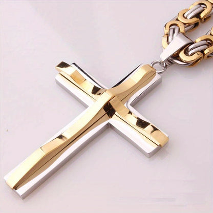 1 Pc Men's Stainless Steel Black Golden Silvery Cross Pendant Necklace - Boys Jewelry with Lord's Prayer Engraving, Heavy Twist Chain and Durable Construction for a Stylish Accessory