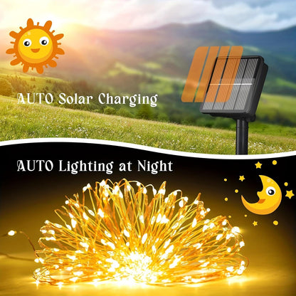 1 Pack Of 104ft (300LED) Solar Outdoor Lights, Outdoor Solar String Lights, Copper Wire 8 Pattern Solar Fairy Tale Lights Garden Yard Tree Christmas Party Wedding (Warm White ) NiMH Battery With Cable Management Reel IP65 Waterproof