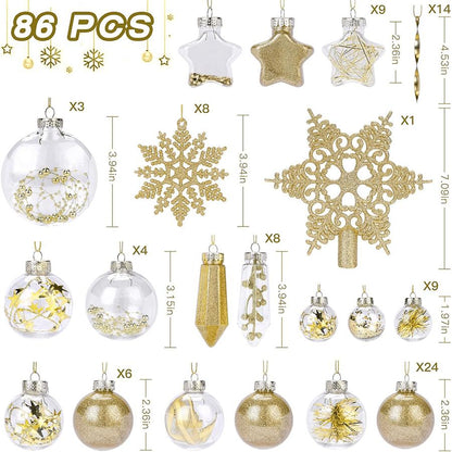 1pc 86pcs Christmas Balls Ornaments Set, Shatterproof Plastic Clear Decorative Baubles for Xmas Tree Decor Holiday Wedding Party Decoration, Glod happy birthday