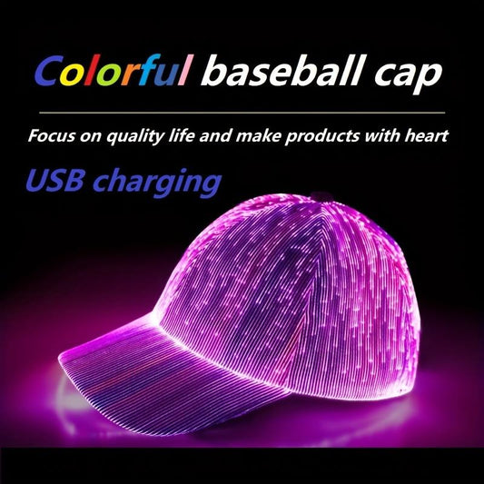 1pc LED Fiber Optic Light Up Hat - 7 Color Glowing Rave Cap - Rechargeable USB - Stylish Baseball Design - Perfect for Parties, Gifts, Holidays & Festivals - Unisex Headwear