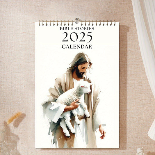 1pc 2025 Bible Stories Wall Calendar, Jesus Themed Monthly Planner, Religious Art Illustrations, Paper Material, Christian Home Decor, Spiritual Gift Idea