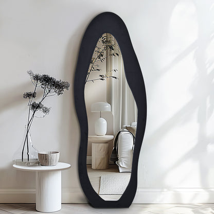 1pc Black Flannel Wrapped Wooden Frame Full Body Mirror, Irregular Full Length Wall Mounted Floor Mirror with Stand for Bedroom Entrance