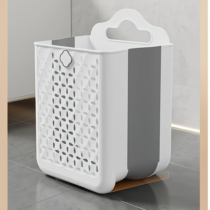 1pc Foldable Laundry Basket, Contemporary White & Grey, Plastic Hollow-Out Wall-Mounted Storage Bin, No-Drilling Required, For Clothes, Toys, Snacks, Fruits, Balcony