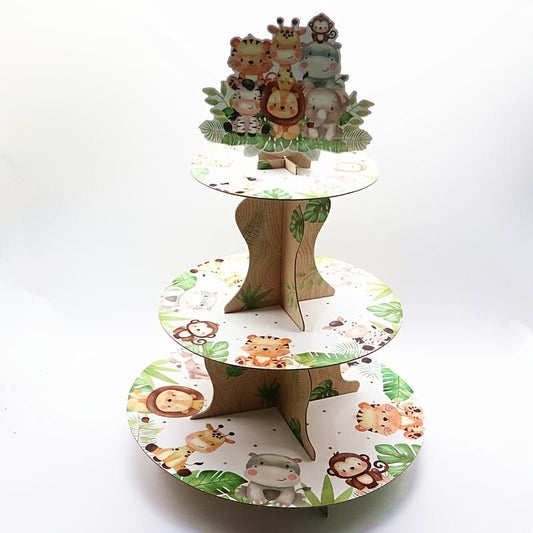 1pc 3-Tiered Whimsical Jungle Safari Zoo Animals Cupcake Stand - Sturdy Cardboard Construction, Sage Green Color, Birthday Party Decorations, Cupcake Tower Display for Wild One Gender Reveal, Christmas, New Year Celebrations - Easy Assembly, Reusable, and