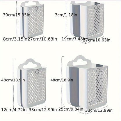 1pc Foldable Laundry Basket, Contemporary White & Grey, Plastic Hollow-Out Wall-Mounted Storage Bin, No-Drilling Required, For Clothes, Toys, Snacks, Fruits, Balcony