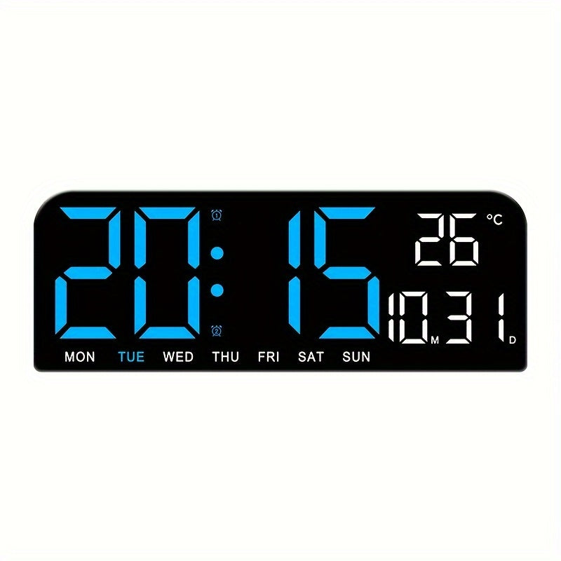 1pc 9 Inch Large Digital Wall Clock with Auto Dimmable 4 Levels Manual Brightness Adjustment, Temperature, Date, Week, Timing Countdown, 2 Alarm, 12/24H LED Display for Home Room Living Room Office Decor (No Battery)