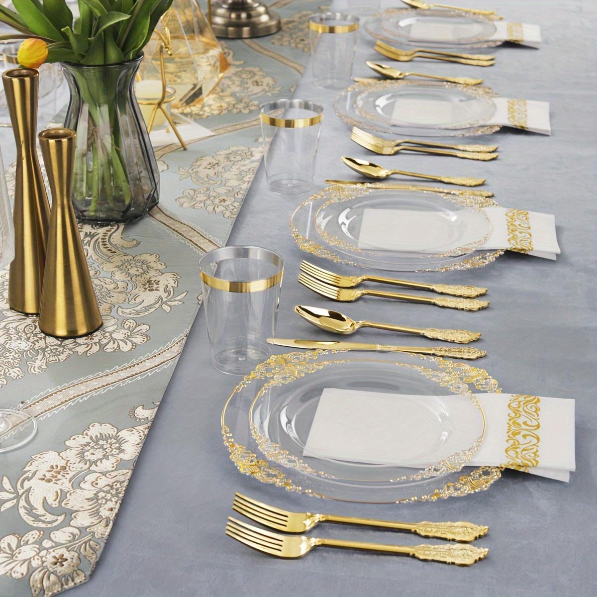 175PCS Purple/Blue/Clear Golden Plastic Plates For 25 Guests Include 25Dinner & 25Dessert Plates, 25Cups, 25Forks, 25Knives, 25Spoons, 25Napkins For Wedding&Party glass rose bottle christmas 2024 ornament glass cleaner