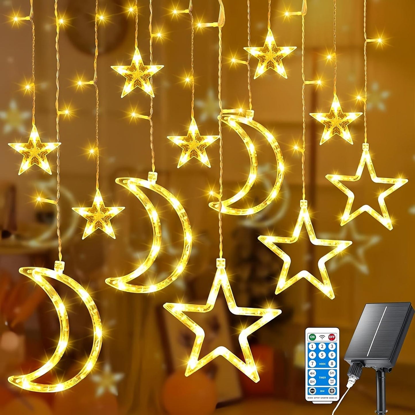 138LED Solar Curtain Lights - Outdoor Light Strings with USB Rechargeable, 8 Lighting Modes, Timer, Remote, Twinkle Fairy Lights for Patio, Gazebo, Ramadan, Porch, Window, Backyard, Tent happy birthday