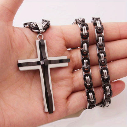 1 Pc Men's Stainless Steel Black Golden Silvery Cross Pendant Necklace - Boys Jewelry with Lord's Prayer Engraving, Heavy Twist Chain and Durable Construction for a Stylish Accessory