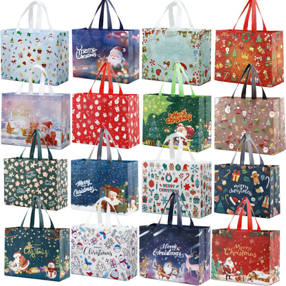 16pcs Christmas Gift Bags with Handles - Festive Holiday Treat & Present Pouches for Party Favors and Decorations