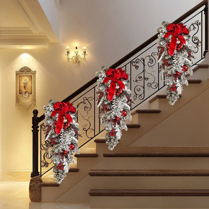 1pc 23.62in Prelit Artificial Christmas Teardrop Swags, Christmas Swag Wreaths for Stair Railing Wall Window Xmas Decor with Pine Needles and Red Berri