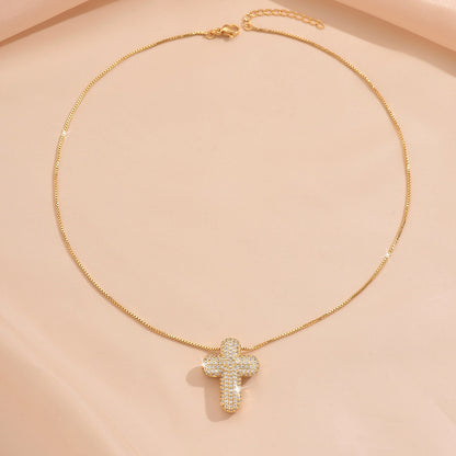 1pc Elegant Copper Cross Pendant Necklace with Inlaid Synthetic Zirconia, Fashion Jewelry Gift for Women