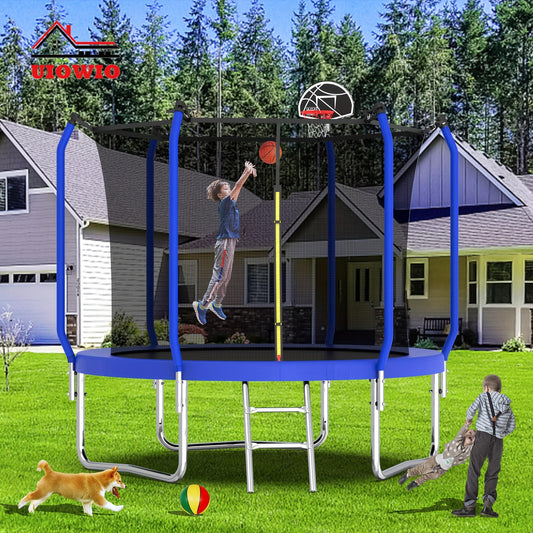 10 FT Giant Outdoor Blue Trampoline with Basketball Hoop - Sturdy Enclosure Net, Reinforced Curved Poles, Ladder, and Basketball Set - Perfect for 4-8 Kids and Adults, Fast Delivery from Local Warehouse