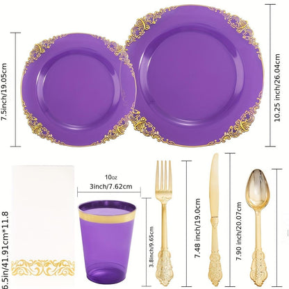 175PCS Purple/Blue/Clear Golden Plastic Plates For 25 Guests Include 25Dinner & 25Dessert Plates, 25Cups, 25Forks, 25Knives, 25Spoons, 25Napkins For Wedding&Party glass rose bottle christmas 2024 ornament glass cleaner