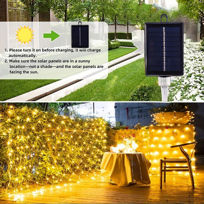 1 Pack Waterproof Solar Net Lights- 192 LED, 9.8ft X 6.6ft 8 Modes LED Flashing Mesh Lights For Outdoor/Indoor Use - Perfect For Tree, Landscape, Garden, Roof, Balcony, Wall Decor - Ideal For Weddings, Birthdays, Christmas, Halloween, Party